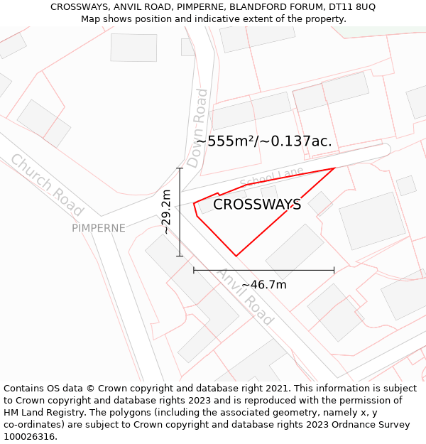 CROSSWAYS, ANVIL ROAD, PIMPERNE, BLANDFORD FORUM, DT11 8UQ: Plot and title map