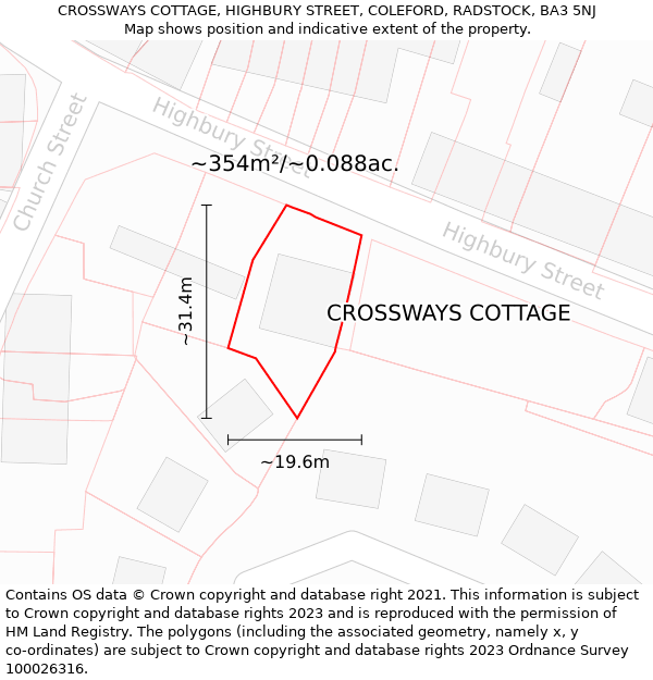 CROSSWAYS COTTAGE, HIGHBURY STREET, COLEFORD, RADSTOCK, BA3 5NJ: Plot and title map