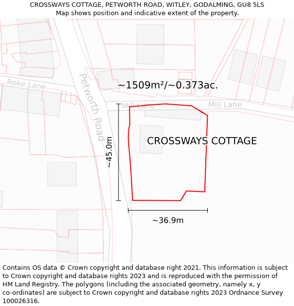 CROSSWAYS COTTAGE, PETWORTH ROAD, WITLEY, GODALMING, GU8 5LS: Plot and title map