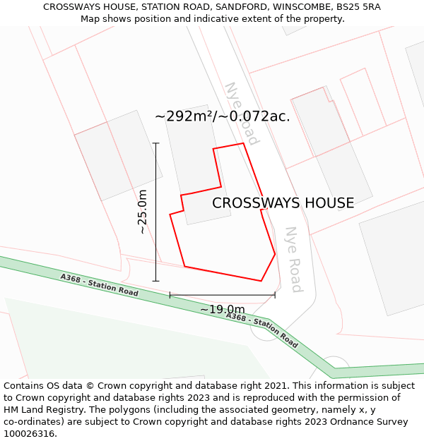 CROSSWAYS HOUSE, STATION ROAD, SANDFORD, WINSCOMBE, BS25 5RA: Plot and title map