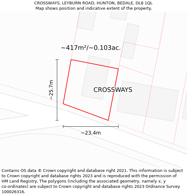 CROSSWAYS, LEYBURN ROAD, HUNTON, BEDALE, DL8 1QL: Plot and title map