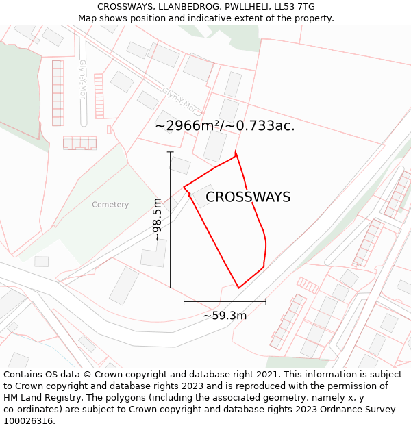 CROSSWAYS, LLANBEDROG, PWLLHELI, LL53 7TG: Plot and title map