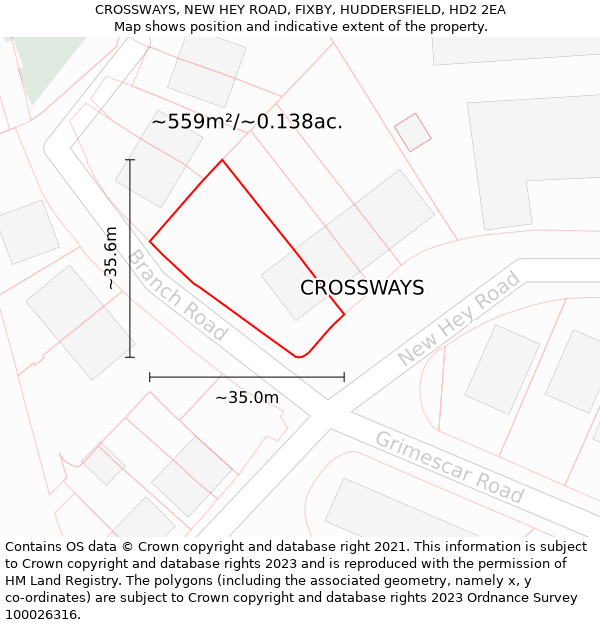 CROSSWAYS, NEW HEY ROAD, FIXBY, HUDDERSFIELD, HD2 2EA: Plot and title map