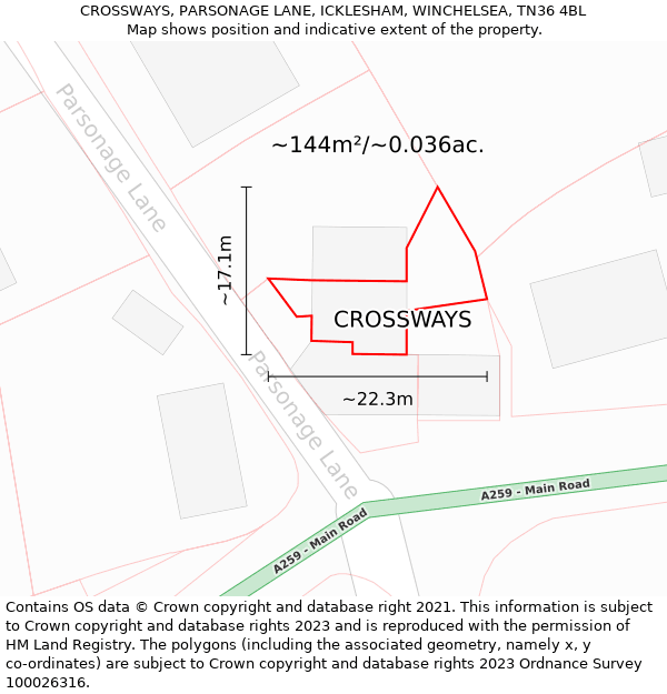 CROSSWAYS, PARSONAGE LANE, ICKLESHAM, WINCHELSEA, TN36 4BL: Plot and title map