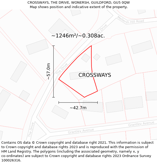 CROSSWAYS, THE DRIVE, WONERSH, GUILDFORD, GU5 0QW: Plot and title map