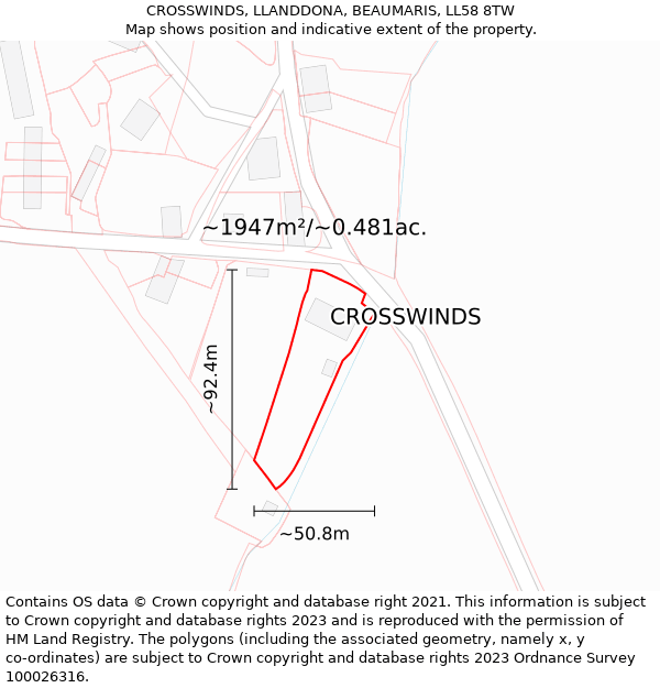 CROSSWINDS, LLANDDONA, BEAUMARIS, LL58 8TW: Plot and title map