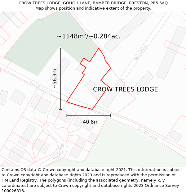 CROW TREES LODGE, GOUGH LANE, BAMBER BRIDGE, PRESTON, PR5 6AQ: Plot and title map