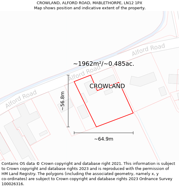 CROWLAND, ALFORD ROAD, MABLETHORPE, LN12 1PX: Plot and title map