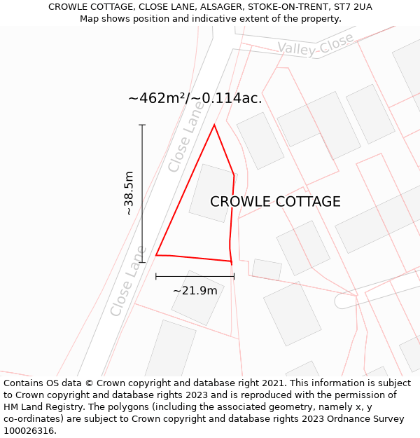 CROWLE COTTAGE, CLOSE LANE, ALSAGER, STOKE-ON-TRENT, ST7 2UA: Plot and title map