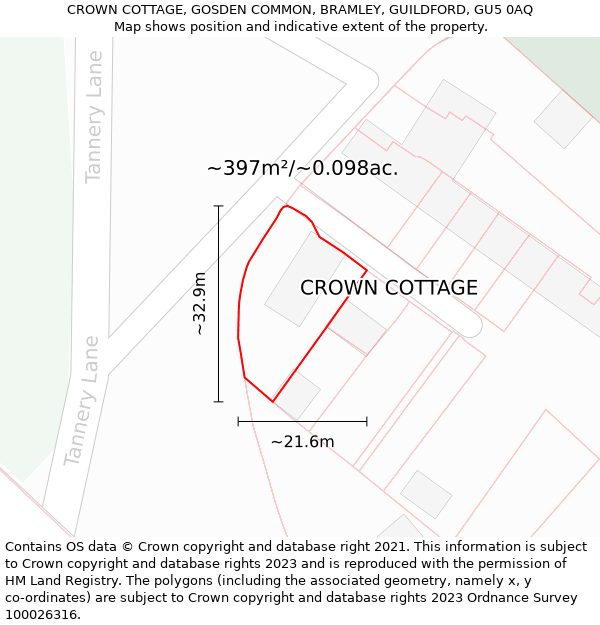 CROWN COTTAGE, GOSDEN COMMON, BRAMLEY, GUILDFORD, GU5 0AQ: Plot and title map