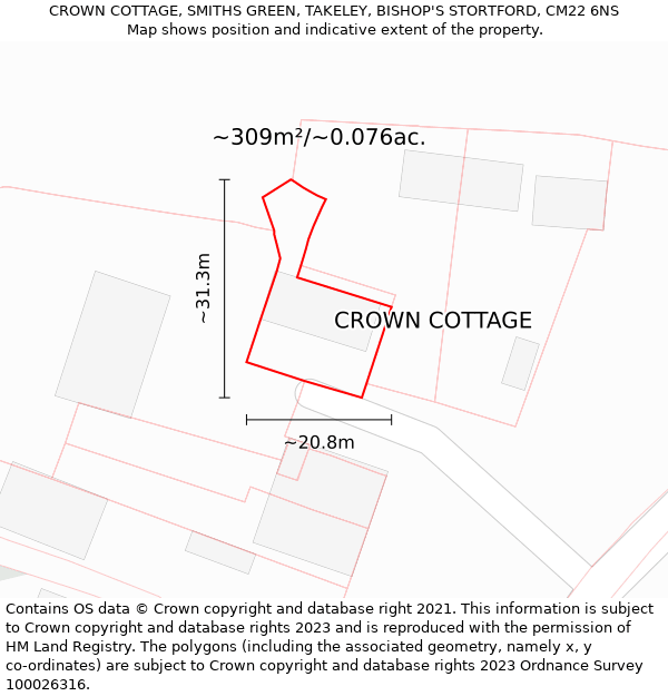 CROWN COTTAGE, SMITHS GREEN, TAKELEY, BISHOP'S STORTFORD, CM22 6NS: Plot and title map