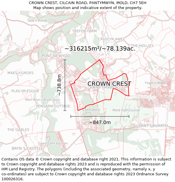 CROWN CREST, CILCAIN ROAD, PANTYMWYN, MOLD, CH7 5EH: Plot and title map