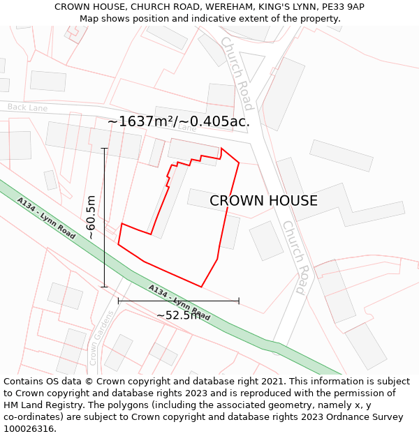 CROWN HOUSE, CHURCH ROAD, WEREHAM, KING'S LYNN, PE33 9AP: Plot and title map