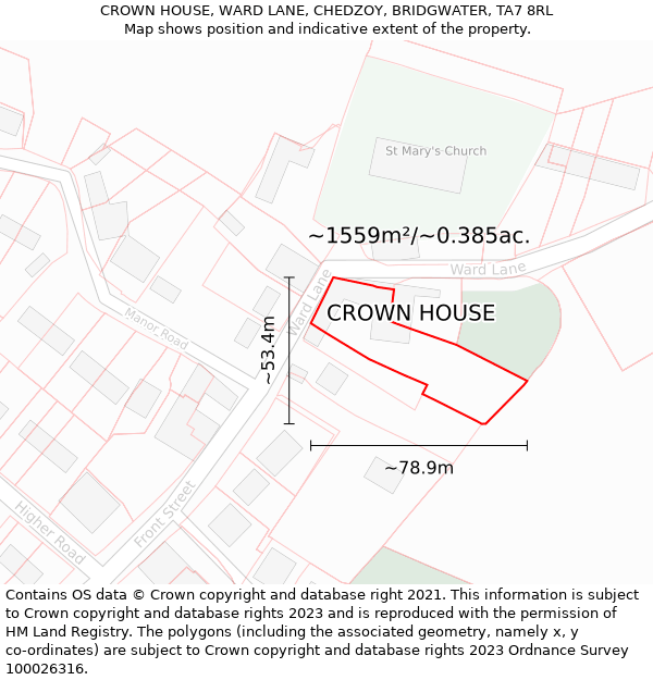 CROWN HOUSE, WARD LANE, CHEDZOY, BRIDGWATER, TA7 8RL: Plot and title map