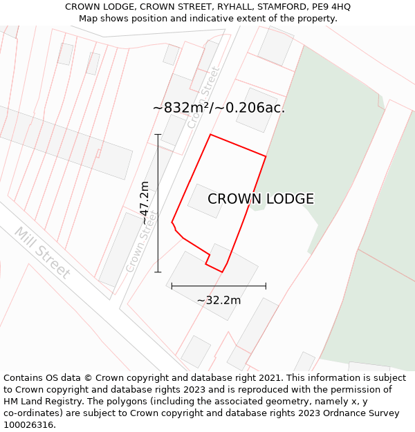 CROWN LODGE, CROWN STREET, RYHALL, STAMFORD, PE9 4HQ: Plot and title map