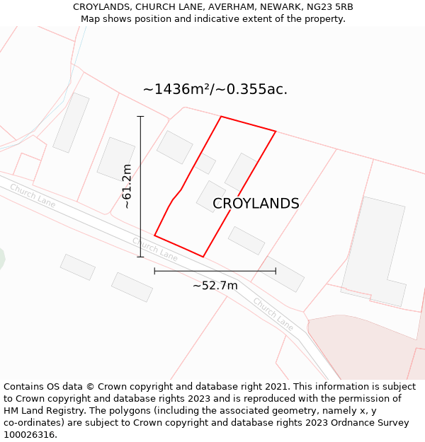 CROYLANDS, CHURCH LANE, AVERHAM, NEWARK, NG23 5RB: Plot and title map