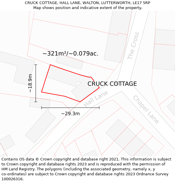CRUCK COTTAGE, HALL LANE, WALTON, LUTTERWORTH, LE17 5RP: Plot and title map