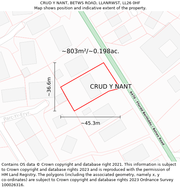 CRUD Y NANT, BETWS ROAD, LLANRWST, LL26 0HF: Plot and title map