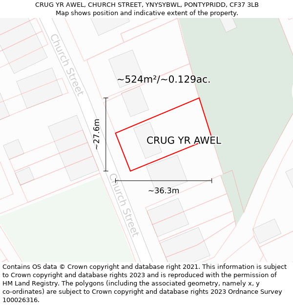 CRUG YR AWEL, CHURCH STREET, YNYSYBWL, PONTYPRIDD, CF37 3LB: Plot and title map