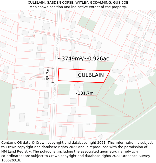 CULBLAIN, GASDEN COPSE, WITLEY, GODALMING, GU8 5QE: Plot and title map