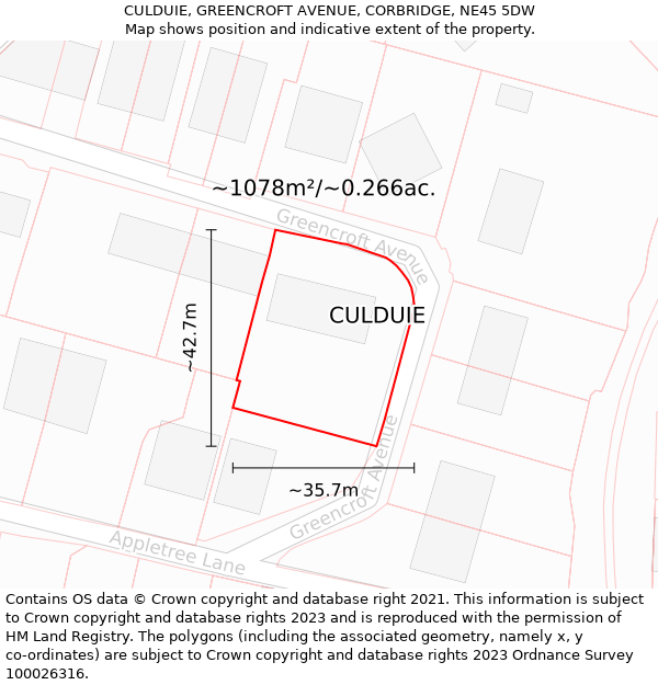 CULDUIE, GREENCROFT AVENUE, CORBRIDGE, NE45 5DW: Plot and title map