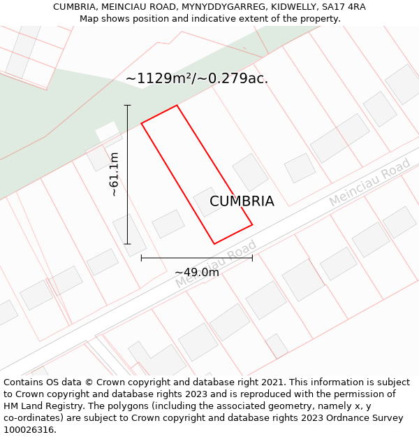 CUMBRIA, MEINCIAU ROAD, MYNYDDYGARREG, KIDWELLY, SA17 4RA: Plot and title map