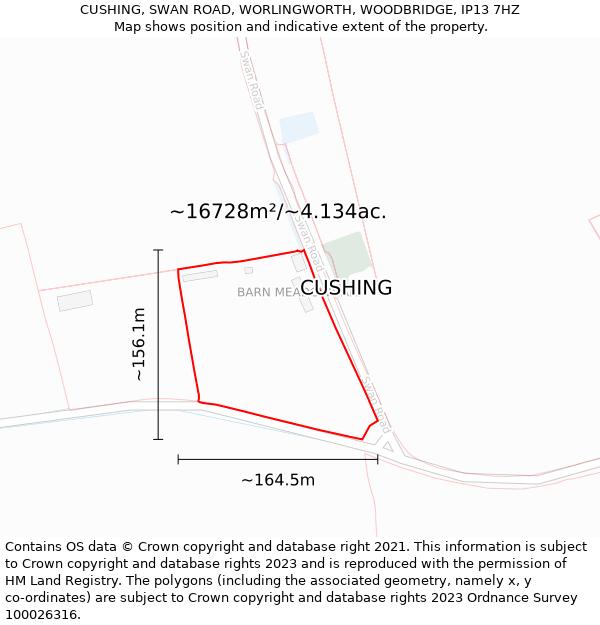 CUSHING, SWAN ROAD, WORLINGWORTH, WOODBRIDGE, IP13 7HZ: Plot and title map