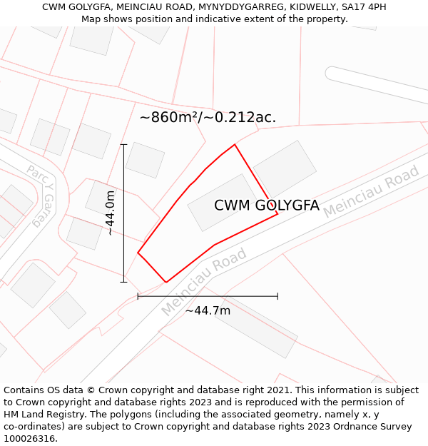 CWM GOLYGFA, MEINCIAU ROAD, MYNYDDYGARREG, KIDWELLY, SA17 4PH: Plot and title map