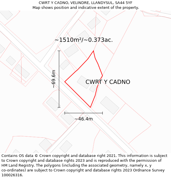 CWRT Y CADNO, VELINDRE, LLANDYSUL, SA44 5YF: Plot and title map