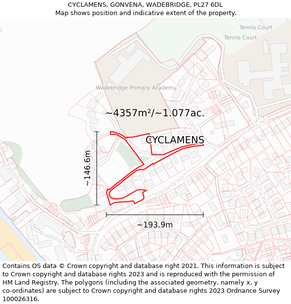 CYCLAMENS, GONVENA, WADEBRIDGE, PL27 6DL: Plot and title map