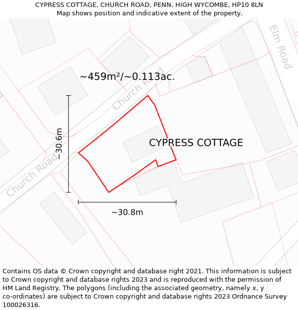 CYPRESS COTTAGE, CHURCH ROAD, PENN, HIGH WYCOMBE, HP10 8LN: Plot and title map