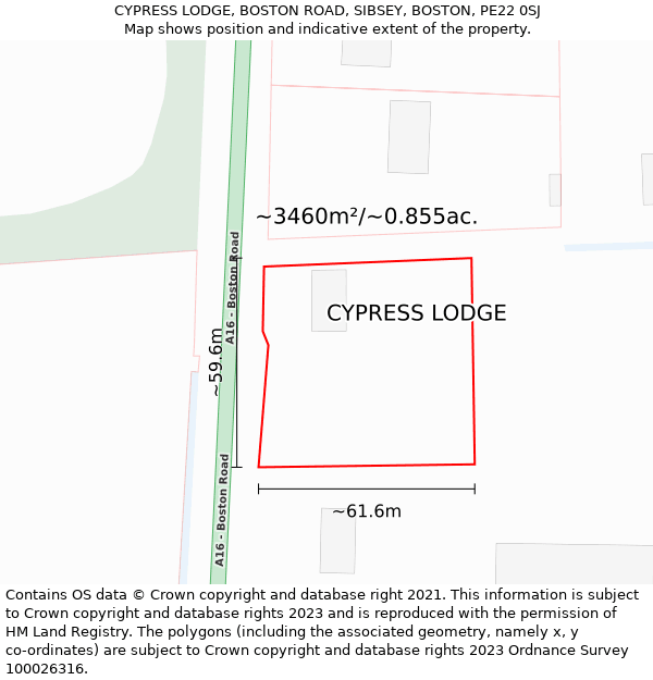 CYPRESS LODGE, BOSTON ROAD, SIBSEY, BOSTON, PE22 0SJ: Plot and title map