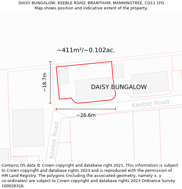 DAISY BUNGALOW, KEEBLE ROAD, BRANTHAM, MANNINGTREE, CO11 1FG: Plot and title map