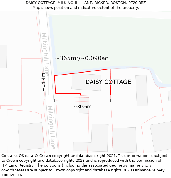 DAISY COTTAGE, MILKINGHILL LANE, BICKER, BOSTON, PE20 3BZ: Plot and title map