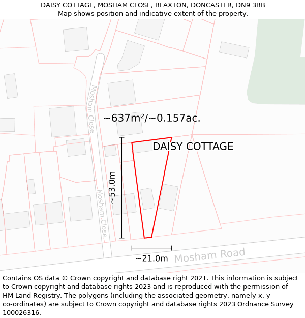 DAISY COTTAGE, MOSHAM CLOSE, BLAXTON, DONCASTER, DN9 3BB: Plot and title map