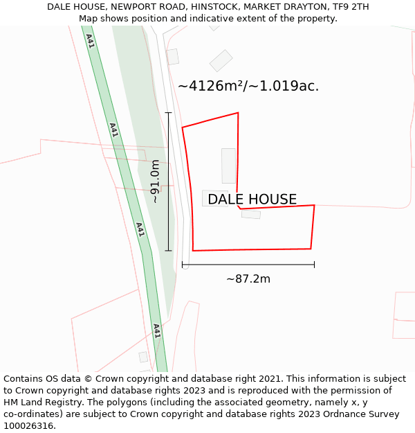 DALE HOUSE, NEWPORT ROAD, HINSTOCK, MARKET DRAYTON, TF9 2TH: Plot and title map