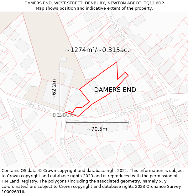 DAMERS END, WEST STREET, DENBURY, NEWTON ABBOT, TQ12 6DP: Plot and title map