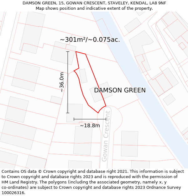 DAMSON GREEN, 15, GOWAN CRESCENT, STAVELEY, KENDAL, LA8 9NF: Plot and title map