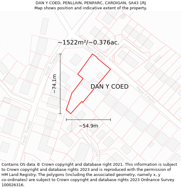 DAN Y COED, PENLLAIN, PENPARC, CARDIGAN, SA43 1RJ: Plot and title map