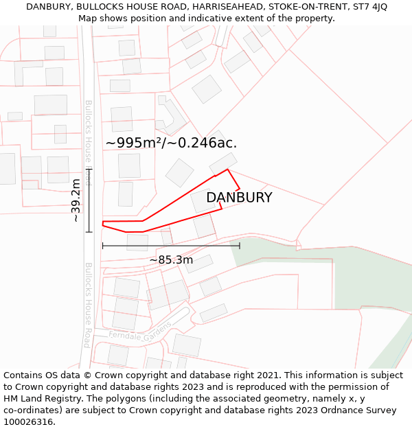 DANBURY, BULLOCKS HOUSE ROAD, HARRISEAHEAD, STOKE-ON-TRENT, ST7 4JQ: Plot and title map