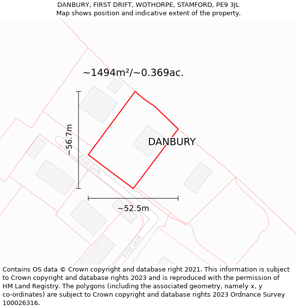 DANBURY, FIRST DRIFT, WOTHORPE, STAMFORD, PE9 3JL: Plot and title map