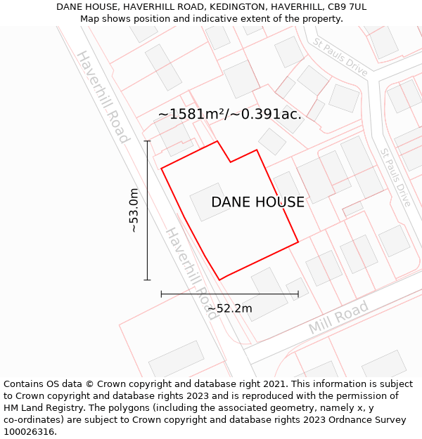 DANE HOUSE, HAVERHILL ROAD, KEDINGTON, HAVERHILL, CB9 7UL: Plot and title map