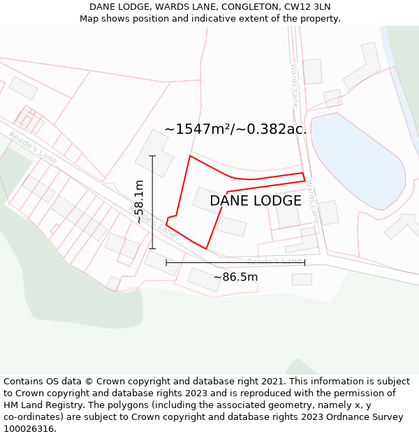 DANE LODGE, WARDS LANE, CONGLETON, CW12 3LN: Plot and title map