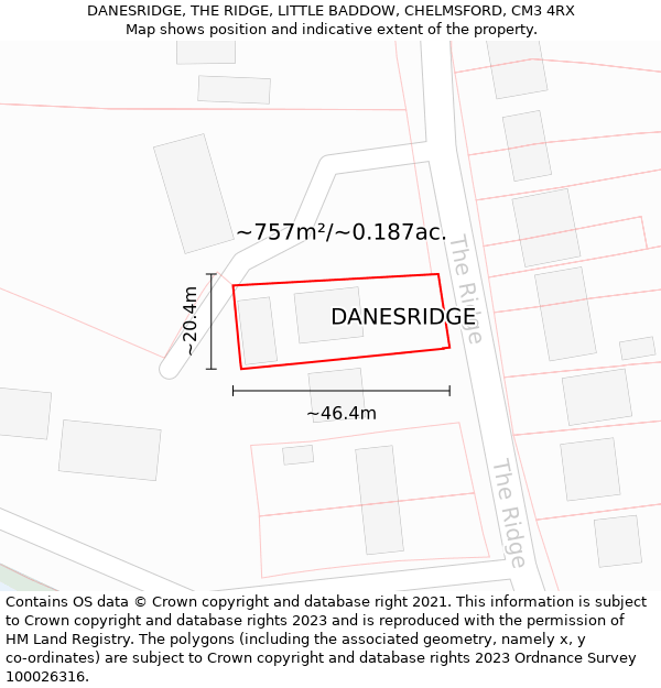 DANESRIDGE, THE RIDGE, LITTLE BADDOW, CHELMSFORD, CM3 4RX: Plot and title map