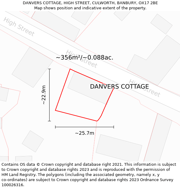 DANVERS COTTAGE, HIGH STREET, CULWORTH, BANBURY, OX17 2BE: Plot and title map