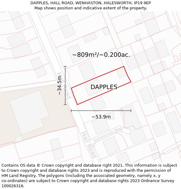 DAPPLES, HALL ROAD, WENHASTON, HALESWORTH, IP19 9EP: Plot and title map