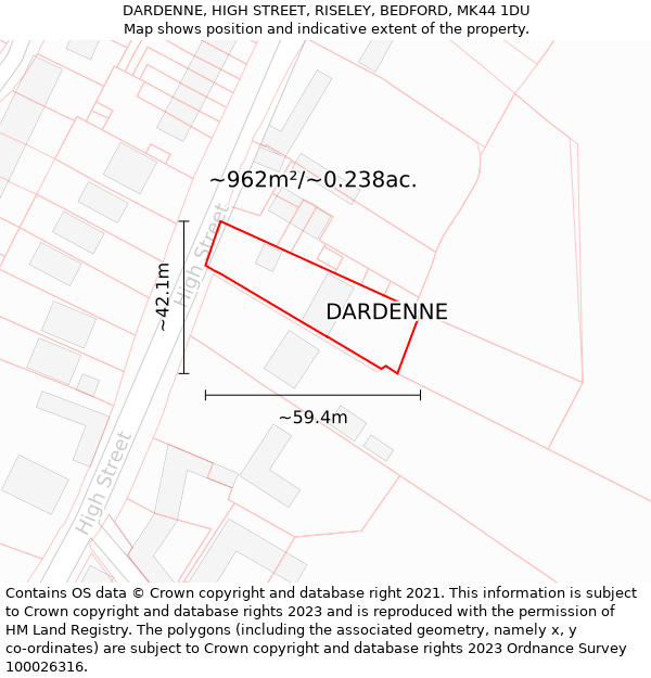 DARDENNE, HIGH STREET, RISELEY, BEDFORD, MK44 1DU: Plot and title map