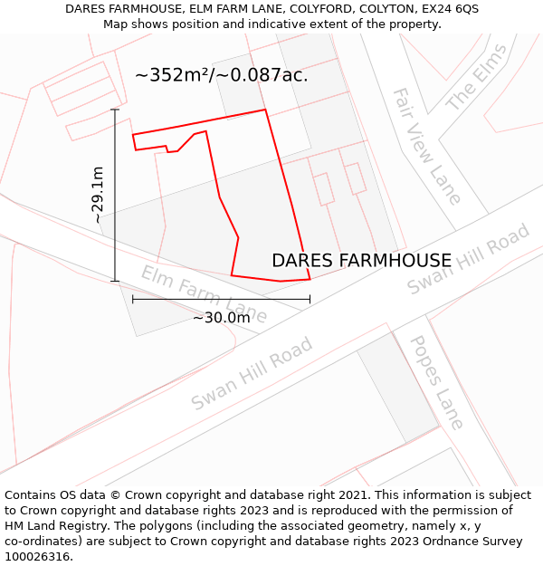 DARES FARMHOUSE, ELM FARM LANE, COLYFORD, COLYTON, EX24 6QS: Plot and title map