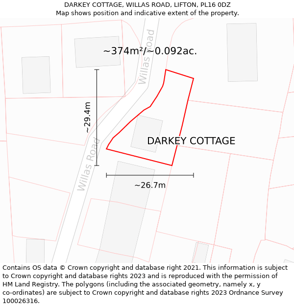 DARKEY COTTAGE, WILLAS ROAD, LIFTON, PL16 0DZ: Plot and title map