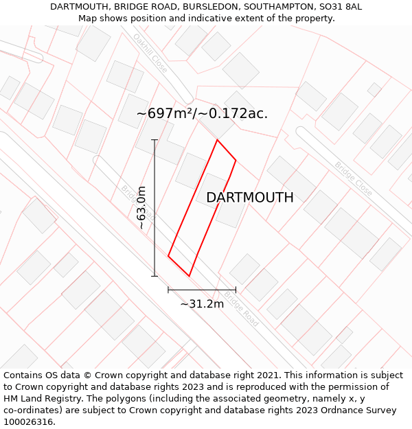 DARTMOUTH, BRIDGE ROAD, BURSLEDON, SOUTHAMPTON, SO31 8AL: Plot and title map